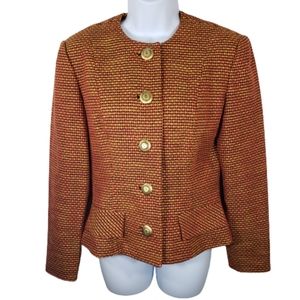 Oscar De La Renta Studio Checkered blazer red orange brown collarless size 8